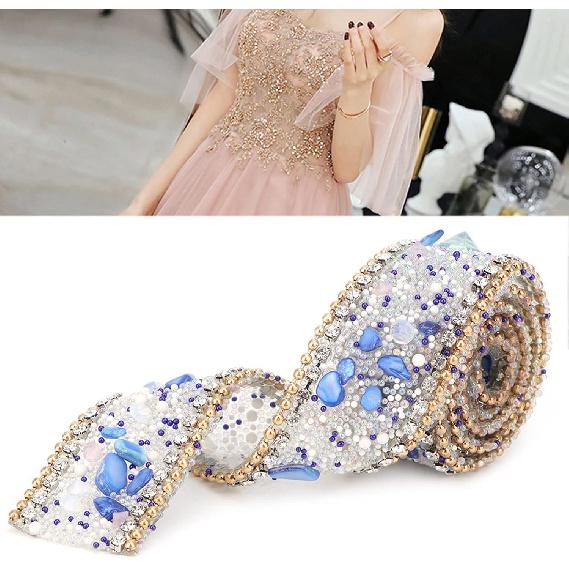 Diamond Ribbon, Dazzling 2.5cm DIY Diamond Mesh Wrap Roll Crystal Rhinestones Chain Trim Ribbon Decoration (Sapphire Blue Stone + Gold Bead Chain)