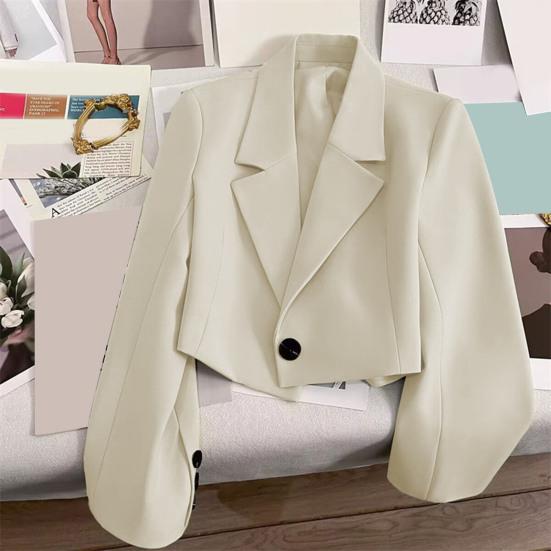 Dámský krátký oblek s klopami, dlouhým rukávem a zapínáním na jeden knoflík, sako jednobarevné, volného střihu, ležérně-business styl