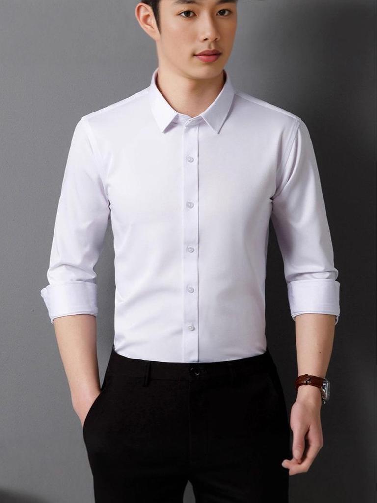 Men's 2025 Non-Iron Plus Size White Korean Style Business Casual Slim Fit Long Sleeve Shirt