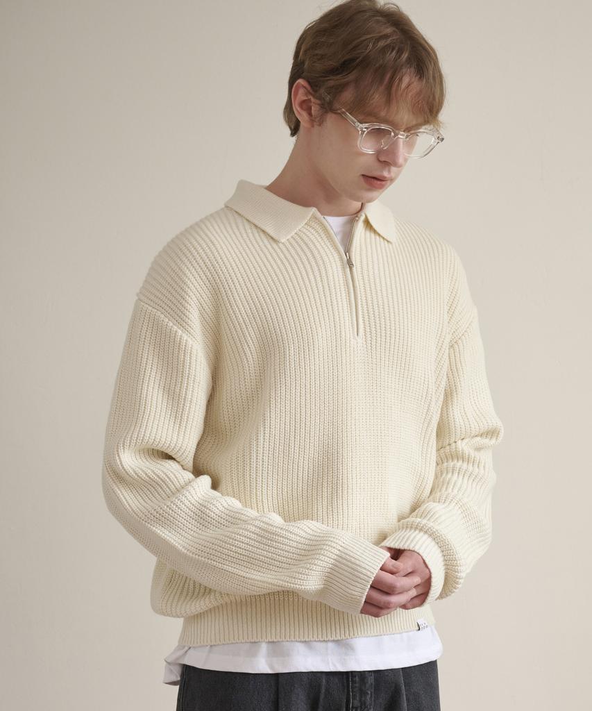 ESN Punched Collar Neck Half-Zip Knit Cream