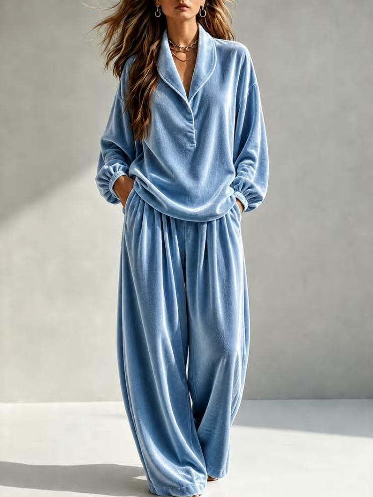 Completo due pezzi in velluto da donna con colletto a revers, top incrociato, pantaloni a vita alta a gamba larga, elegante loungewear