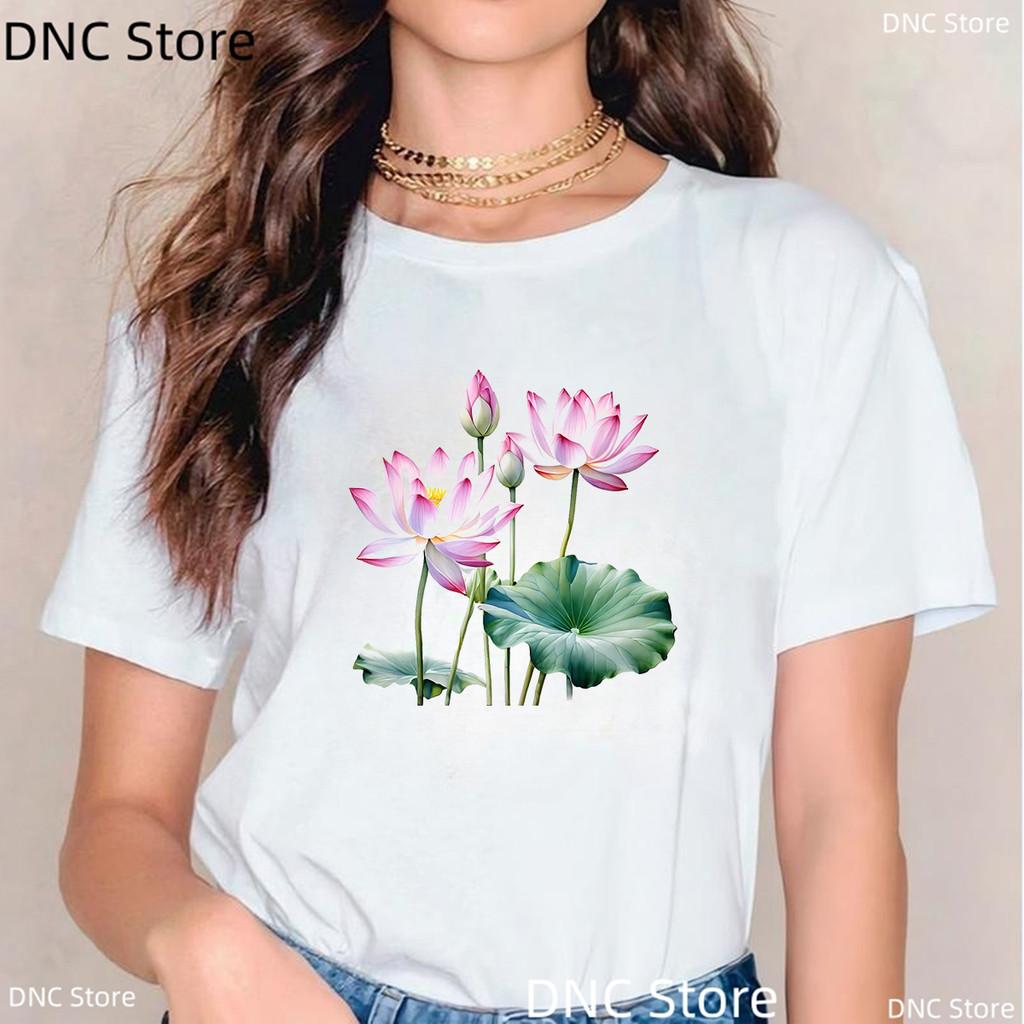 Watercolor Tulip, Lotus Lily Graphic Print T Shirt Women Casual Style Female T-Shirt Summer Fashion 00s Girls Tshirt White Tops