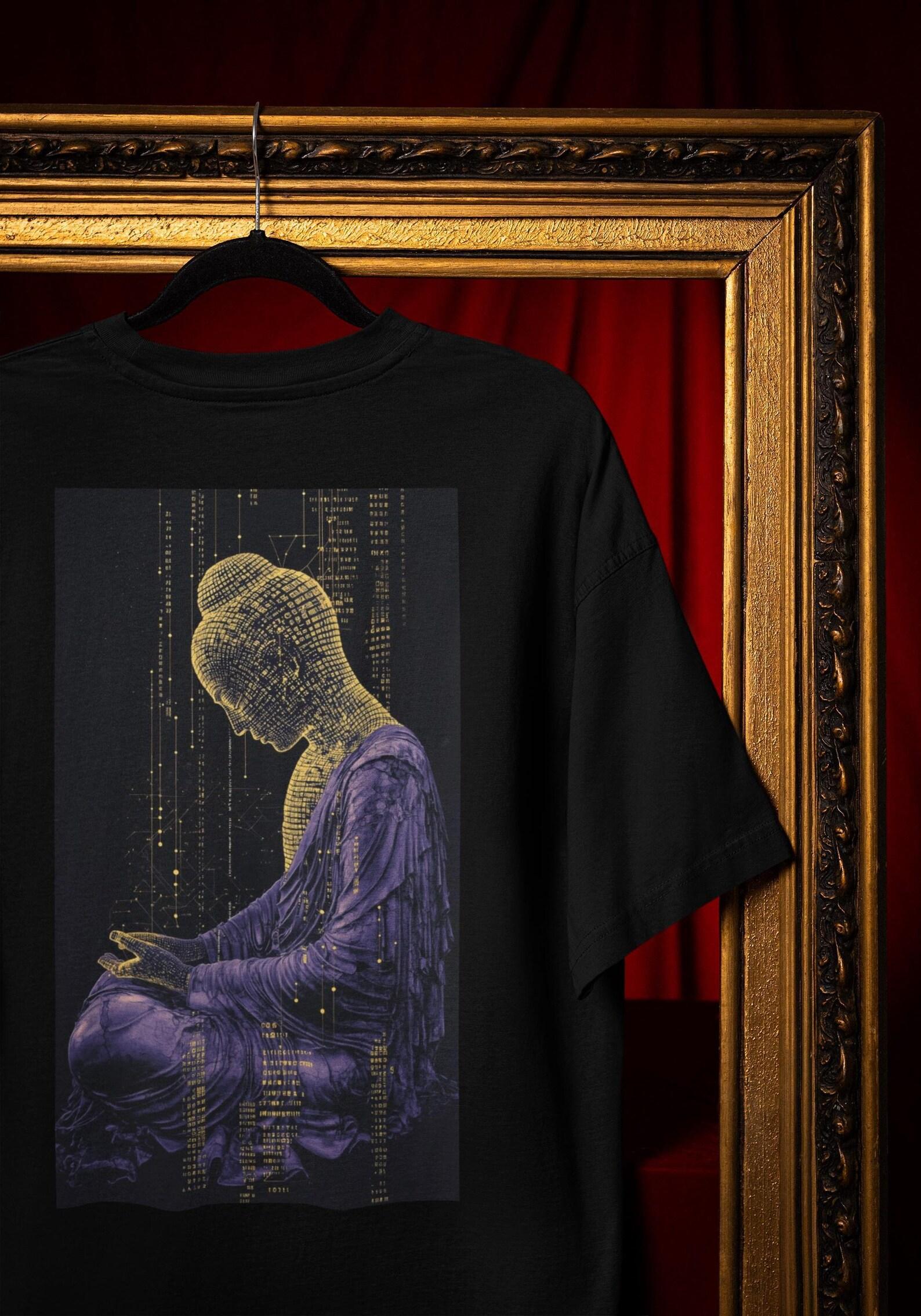 Cyber Buddha Tee: Golden Wireframe Design - Spiritual Techwear Comfort Colors® S