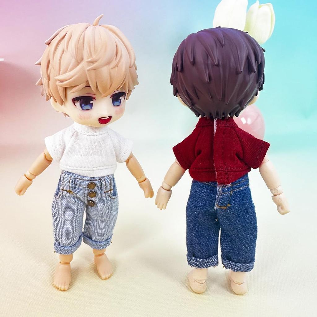 Xyrmync OB11 Clothing Plain T-shirt Ripped Jeans Obitsu 11 112bjd Doll 11cm Body Compatible (Red)