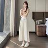 High-Waist Solid Color Elastic Thin Pleated Midi Skirt for Women - Spring/Summer Cool Slim-Fit A-Line Full Flared Long Skirt