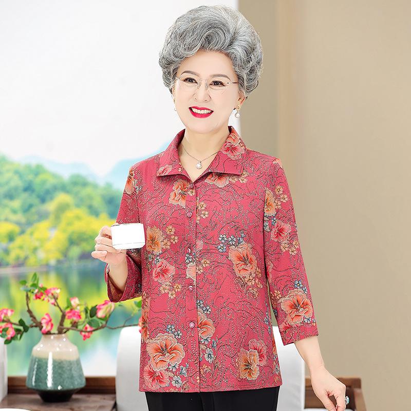 Plus Size Summer Lapel Shirt for Elderly Women, Three-Quarter Sleeves, 60-70 Year Olds