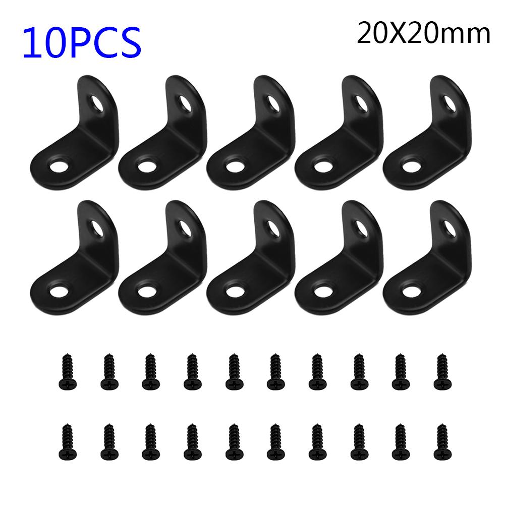 10pcs/Set Right Angle Black L-Shaped Brackets W/ Screws Support Corner Braces Stainless Steel Furniture Hardware