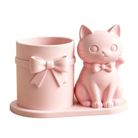 huaqianguhh Cat Pen Holder, Cute Kitty Desk Organizer with Pens, Pencils, Makeup Brushes, 3D Printed Sculpture for Home Office Decor