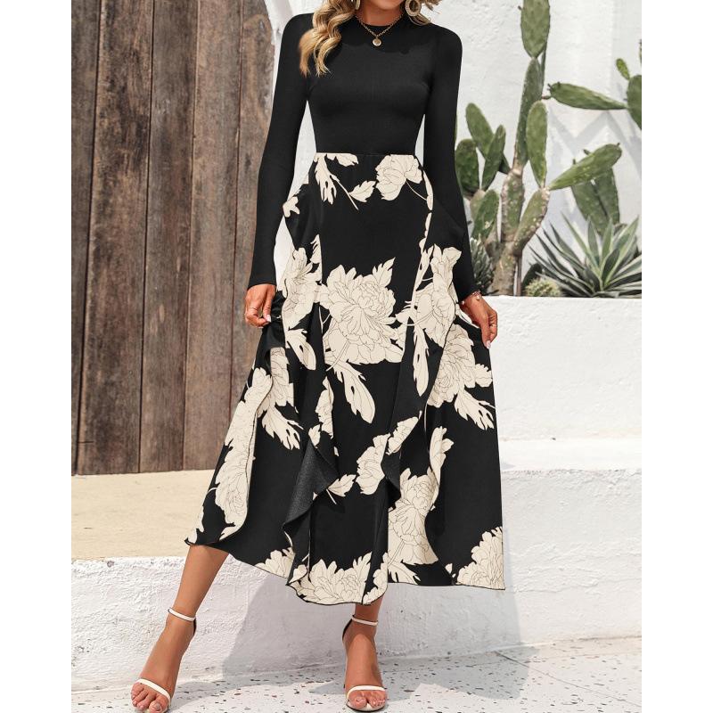 Women's Floral Print A-Line Dress Long Sleeve Crew Neck Midi Dress