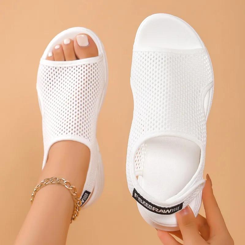 Fashion Summer Women Slip on Sandals New Thick Bottom Round Head Mesh Slippers Hollow Casual Comfort Shoes Breathable Non-slip Sandals