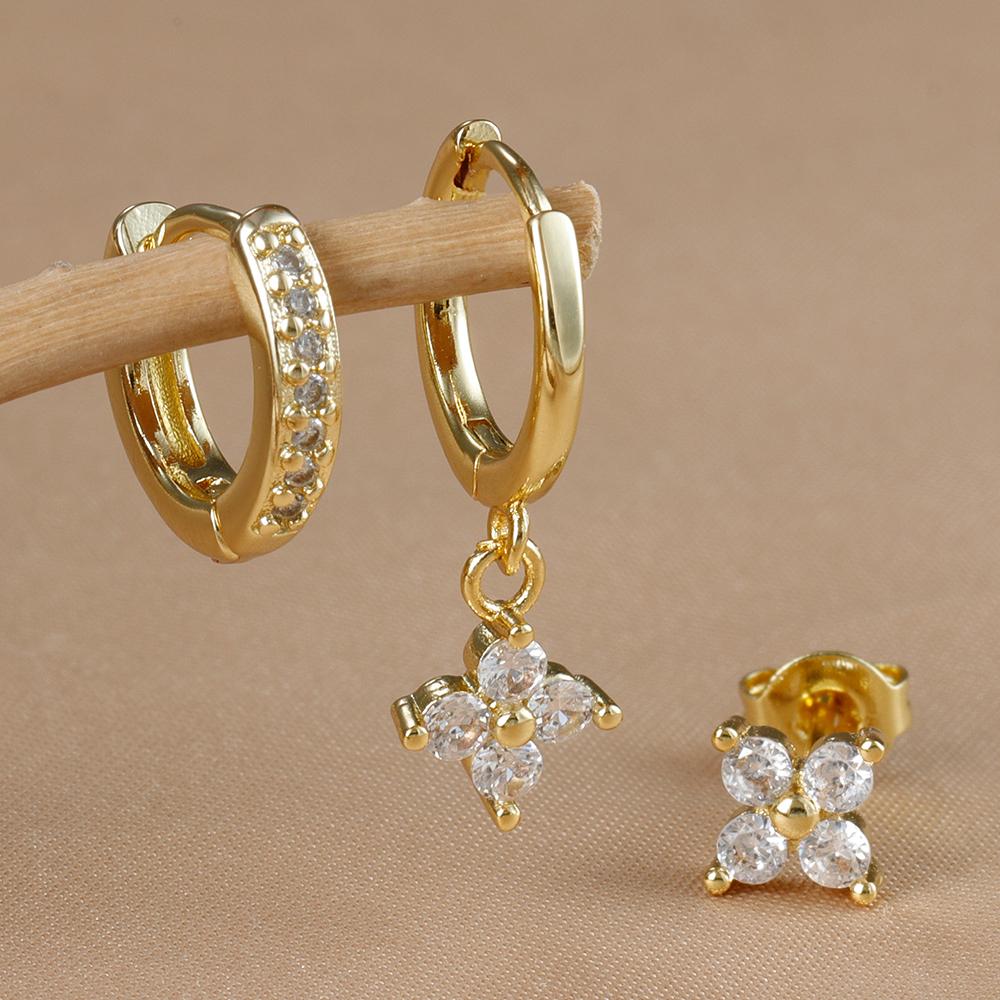 3PCS Fashion Gold Color Crystal Zirconia Drop Earrings Set for Women Stainless Steel Flower Dangle Earring Korean Jewelry aretes