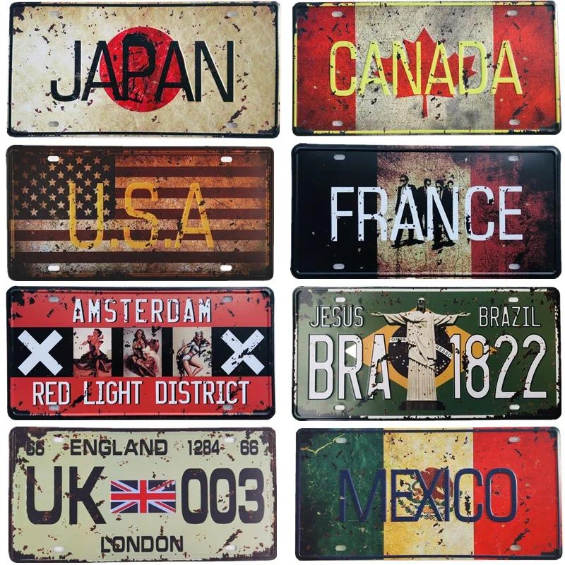 Japan USA Mexiko Italien Frankreich Flagge Auto Nummern schild Amsterdam Metall Zinn Zeichen Bar Pub Cafe Club Home Wand