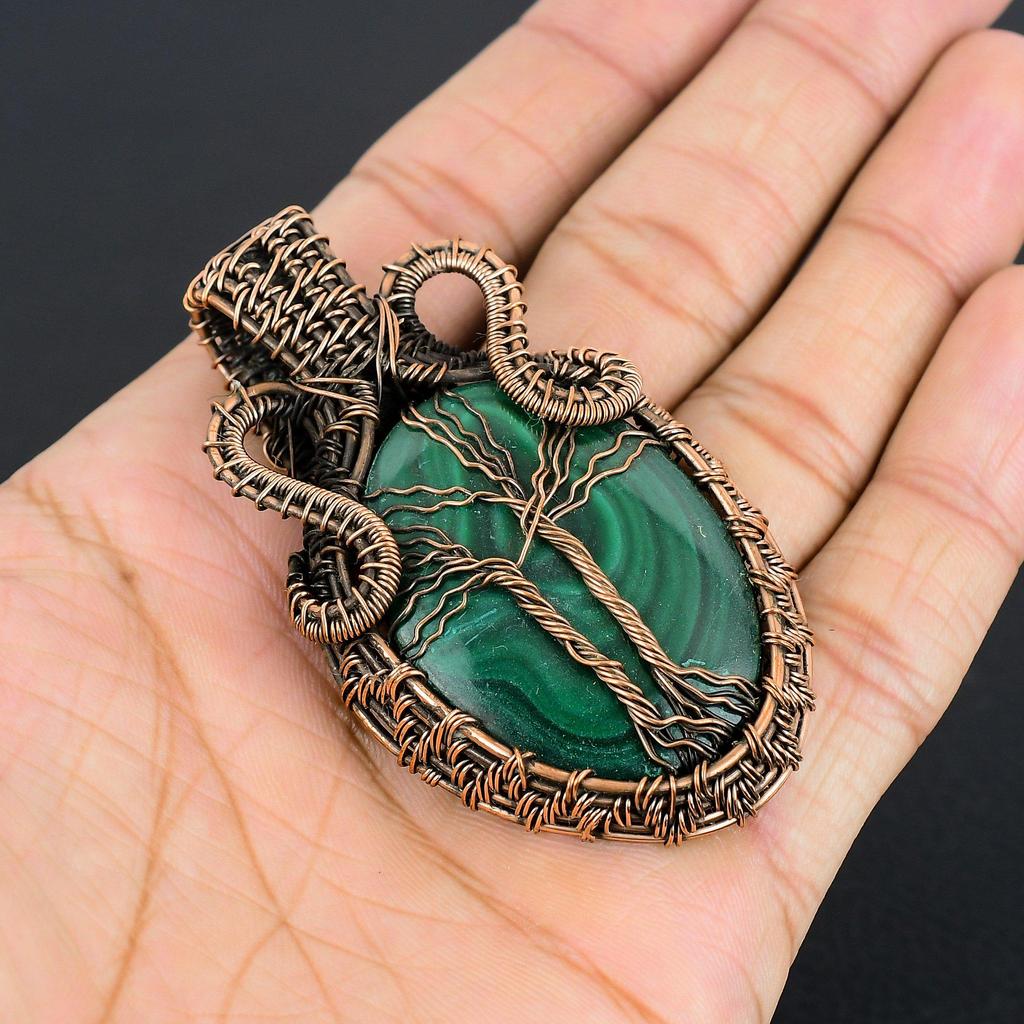 Malachite Pendant, 999 Copper Wire Wrapped Jewelry. Gift For Women Handmade Tree Of Life Pendant Gemstone Jewelry