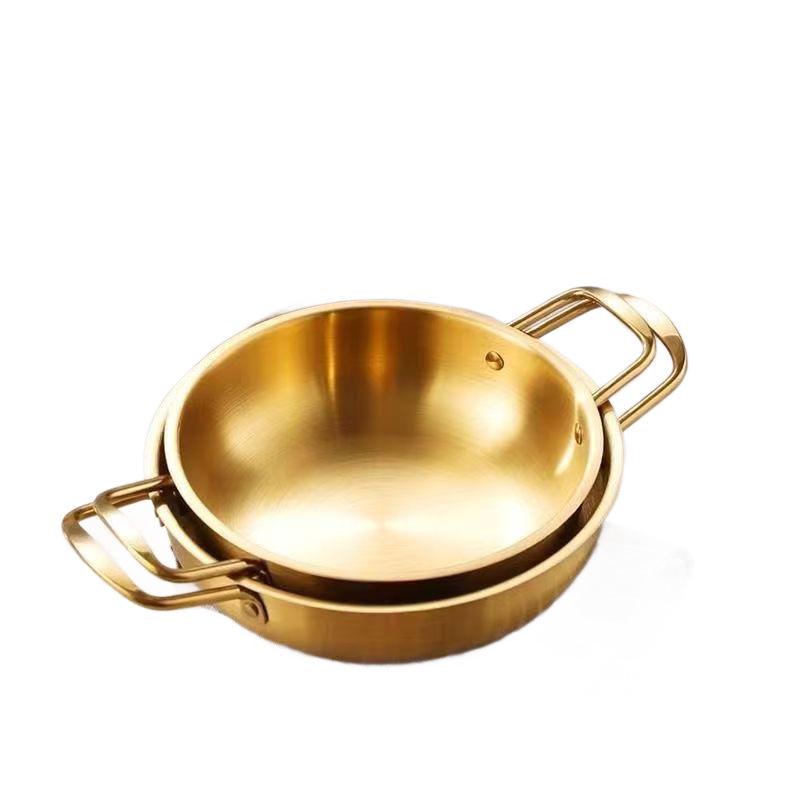 Golden Korean-Style Stainless Steel Seafood Ramen Pot – Double-Eared Flat Bottom Cooking Pot for Noodles and Soup.