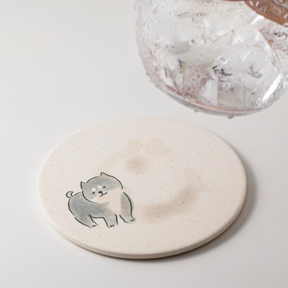 &NE Ceramic Diatomaceous Earth Coaster, Mameshiba, "Gokigen" (Good Mood) Design, 9.7cm Diameter X 0.6cm Thick, Absorbent, Made In Japan, Mino Ware,
