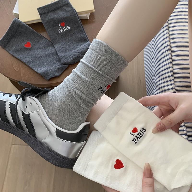 White Socks Pure Cotton Stacking Socks Heel Embroidered Love Letters Spring And Autumn Thin Cotton Medium Tube Socks