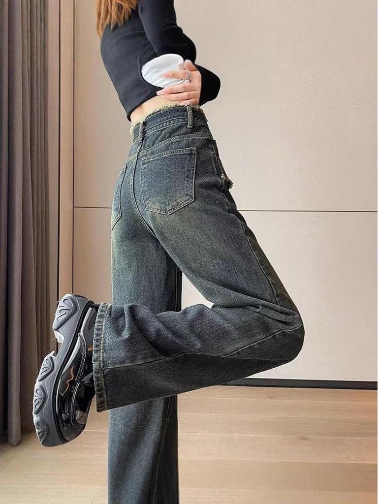 Women's 2024 High-Waisted Retro Slimming Straight-Leg Jeans - Autumn/Winter Versatile Wide-Leg Pants
