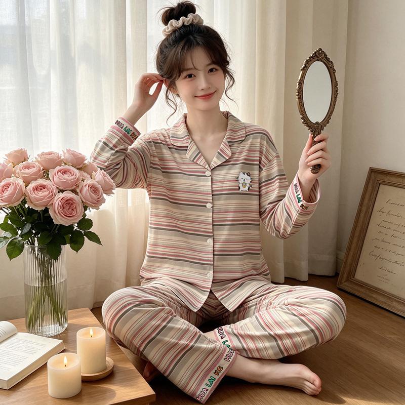 Japanese cute cartoon pajamas women's spring and autumn imitation cotton long-sleeved soft girl casual loungewear suit can be worn outside