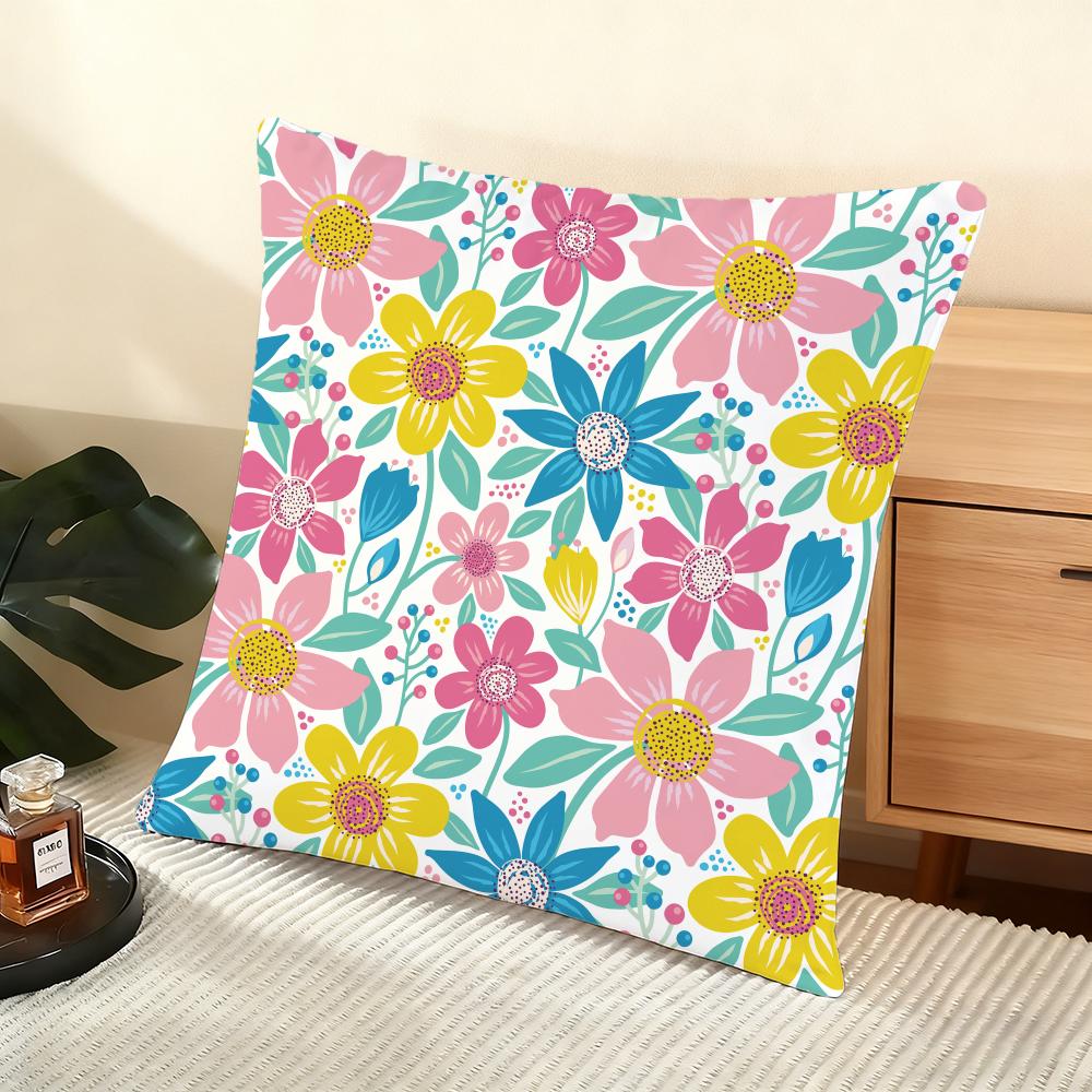 Colorful Flowers Cushion Cover Soft Short Plush Pillow Cover Smooth Cozy Texture Aesthetic Cushion Case Home Decor