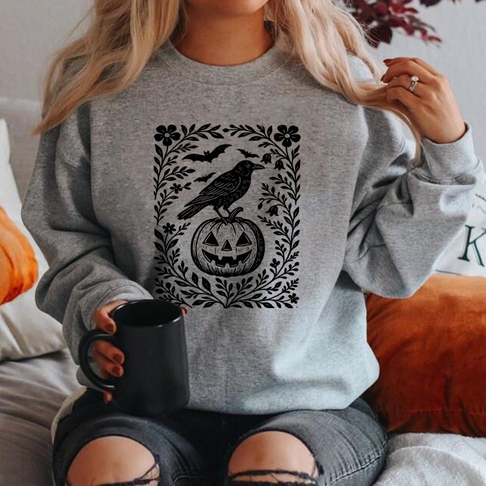 

Halloween Crow Pumpkin Sweatshirt Jack O Lantern Floral Halloween Hoodies Women Crewneck Sweatshirt Long Sleeve Casual Pullover S серый