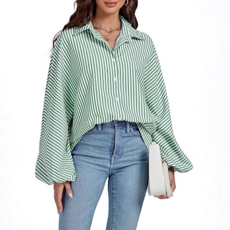 Women's Elegant Loose Casual Single Breasted Striped Shirt Lantern Sleeve Long Sleeve Lapel Shirt