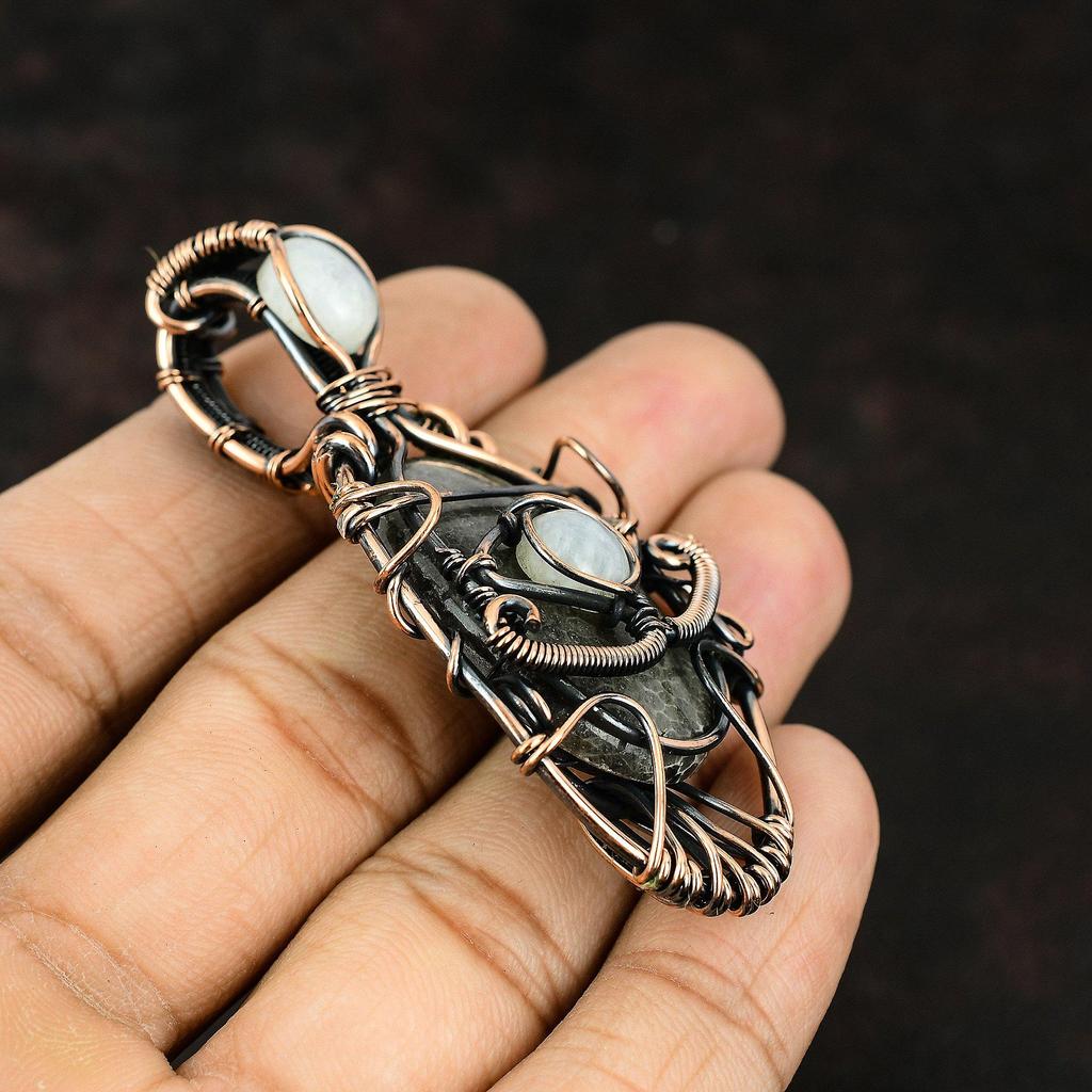 Evil Eye Stingray Coral Copper Wire Wrapped Gemstone Pendant Copper Wire Wrap Jewelry Moonstone Evil Eye Pendant Handmade Women Pendant Gift