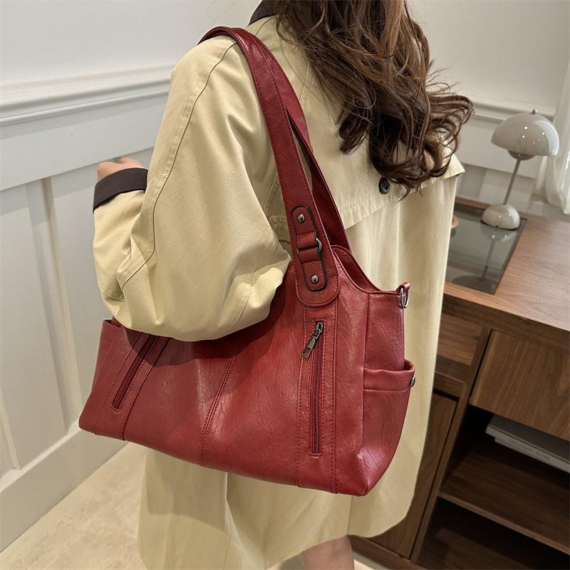 Retro Style Faux Leather Tote Bag for Women Large Capacity Shoulder Handbag
