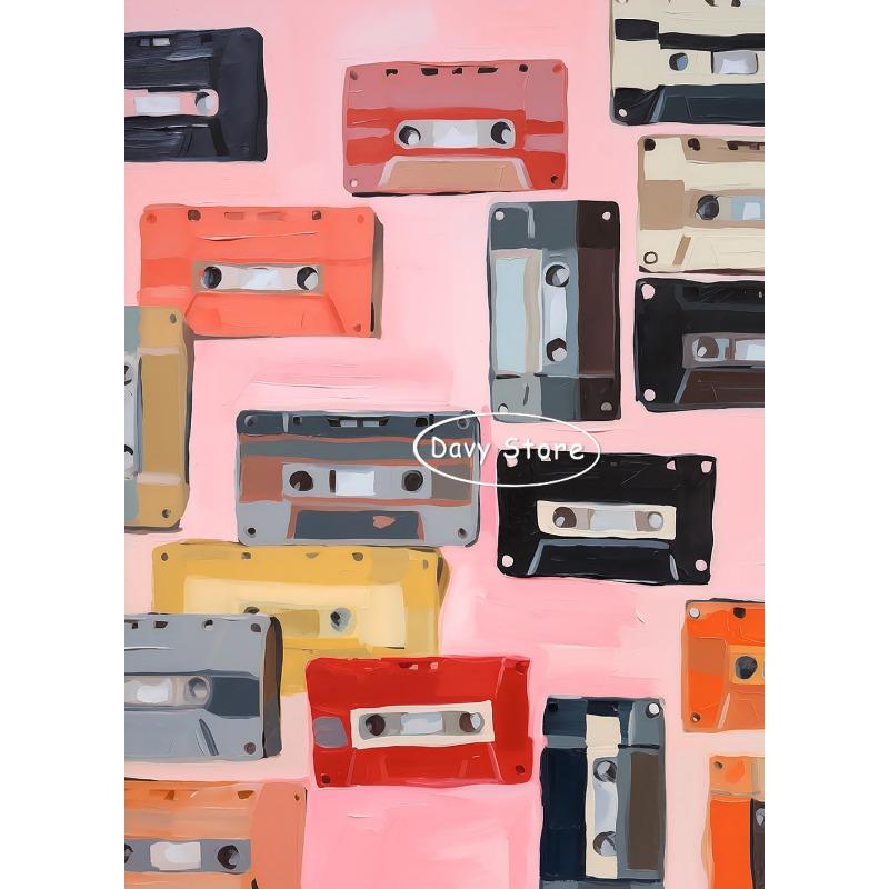 Vintage Record Player Cassette Tape Music Poster Eclectic Pink Wall Art Print Retro Canvas Painting Bar Home Decor Aesthetic