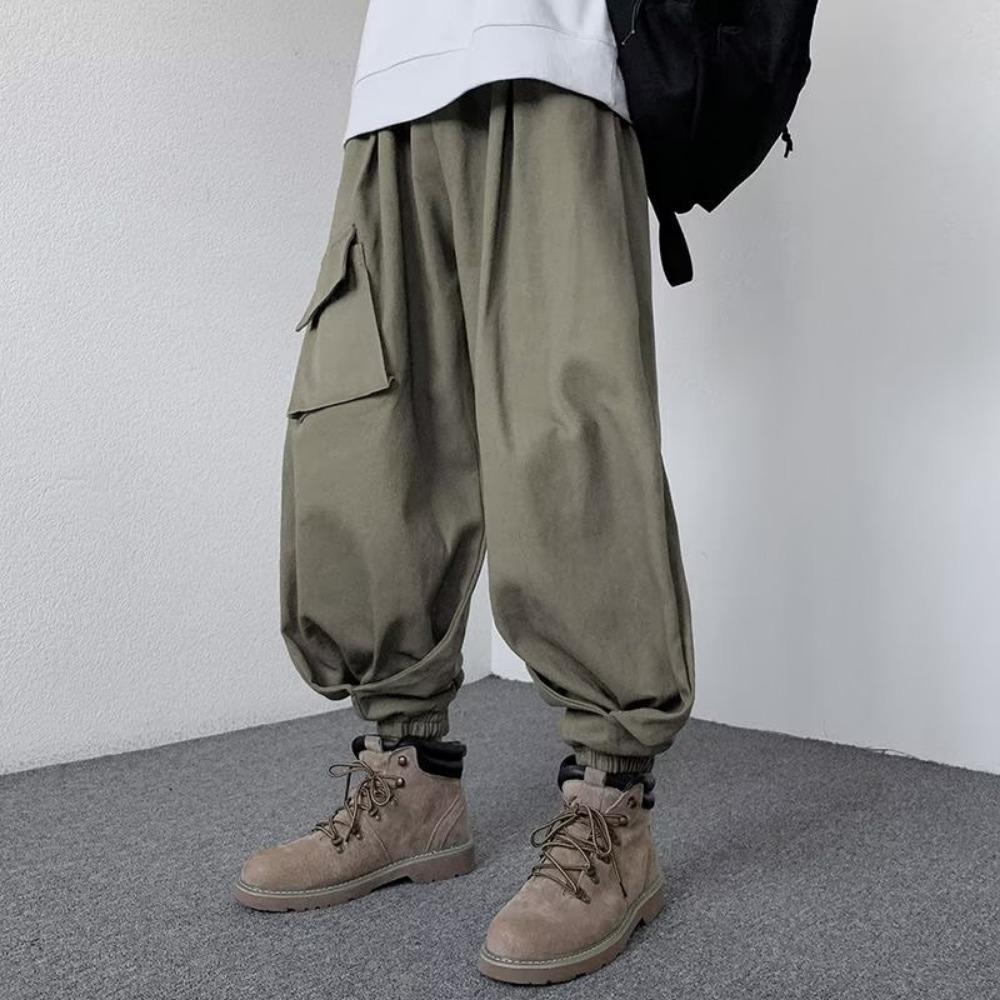 Japanse streetwear heren effen kleur zak trekkoord joggingbroek casual hiphop rechte broek retro wijde pijpen cargo broek