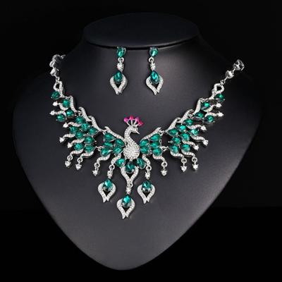 2 Teile/satz Elegante Grüne Strass Halskette Ohrringe Set Pfau Form Braut Hochzeit Halskette Stud Baumeln Ohrringe Set Geschenk