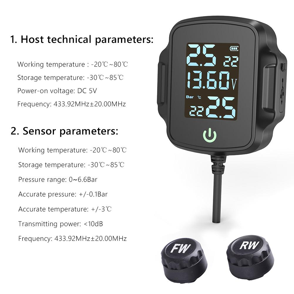 Motorcycle TPMS with QC 3.0 USB Output Motorbike Tire Pressure Monitoring System LCD Display Temperature Monitoring Alarm System