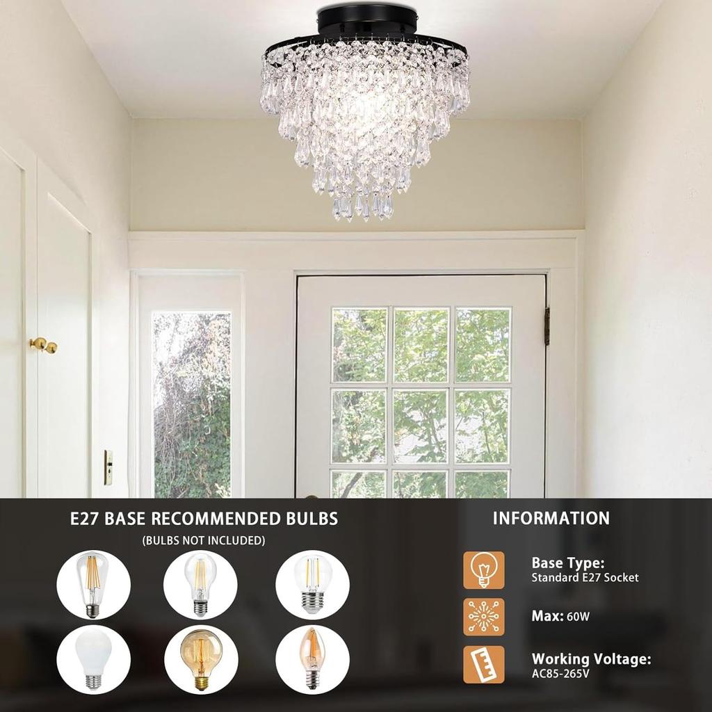 Crystal Lights LED Ceiling Light Modern Round Crystal Light Black Ceiling Light for Bedroom, Living Room, Hallway