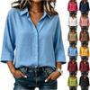 Women Linen Shirt Casual Loose Fit Three Quarter Sleeve Single Breasted Button Down Blouse Solid Basic Top for Daily Wear