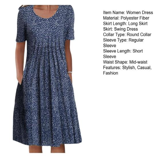 Women's Floral Print Tunic Shirt Dress Short Sleeve Crew Neck Pleated Midi Dress with Pockets Summer Boho Swing Sundress