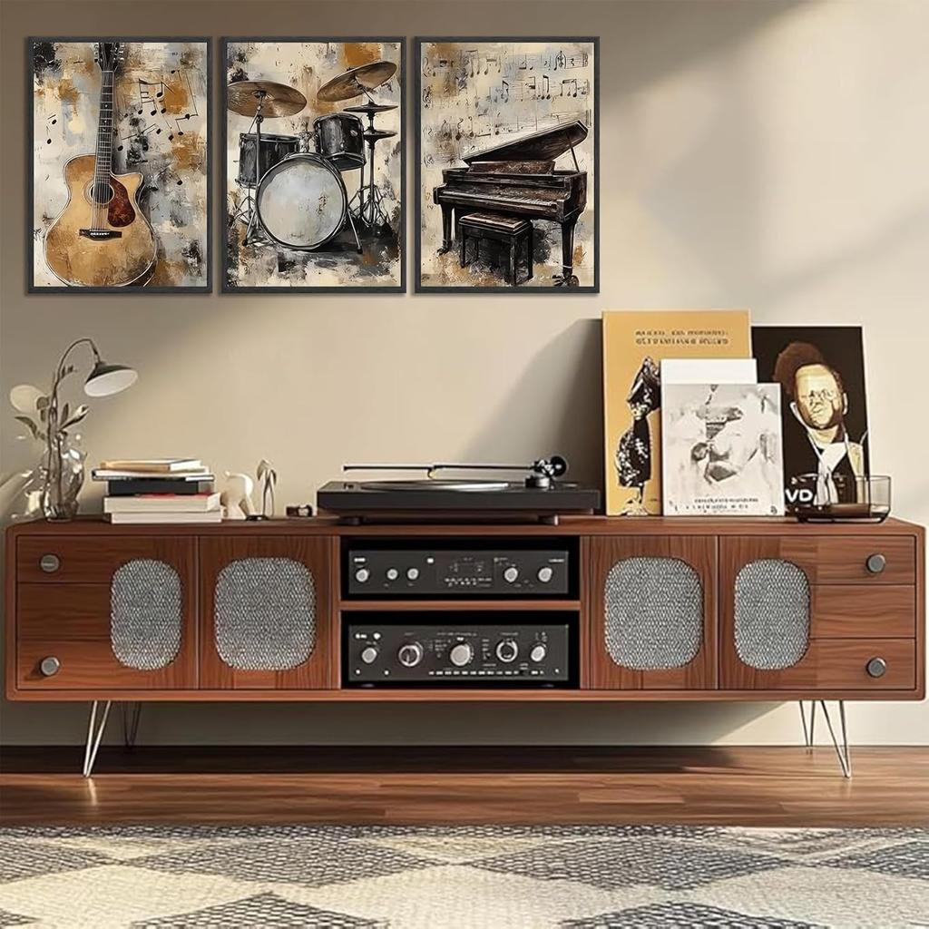 lyrae 3pcs Vintage Musical truments Wall Art Piano Guitar Drum Set Posters Artwork Music Theme Painting Pictures Wall Decor for Studio Gallery Home