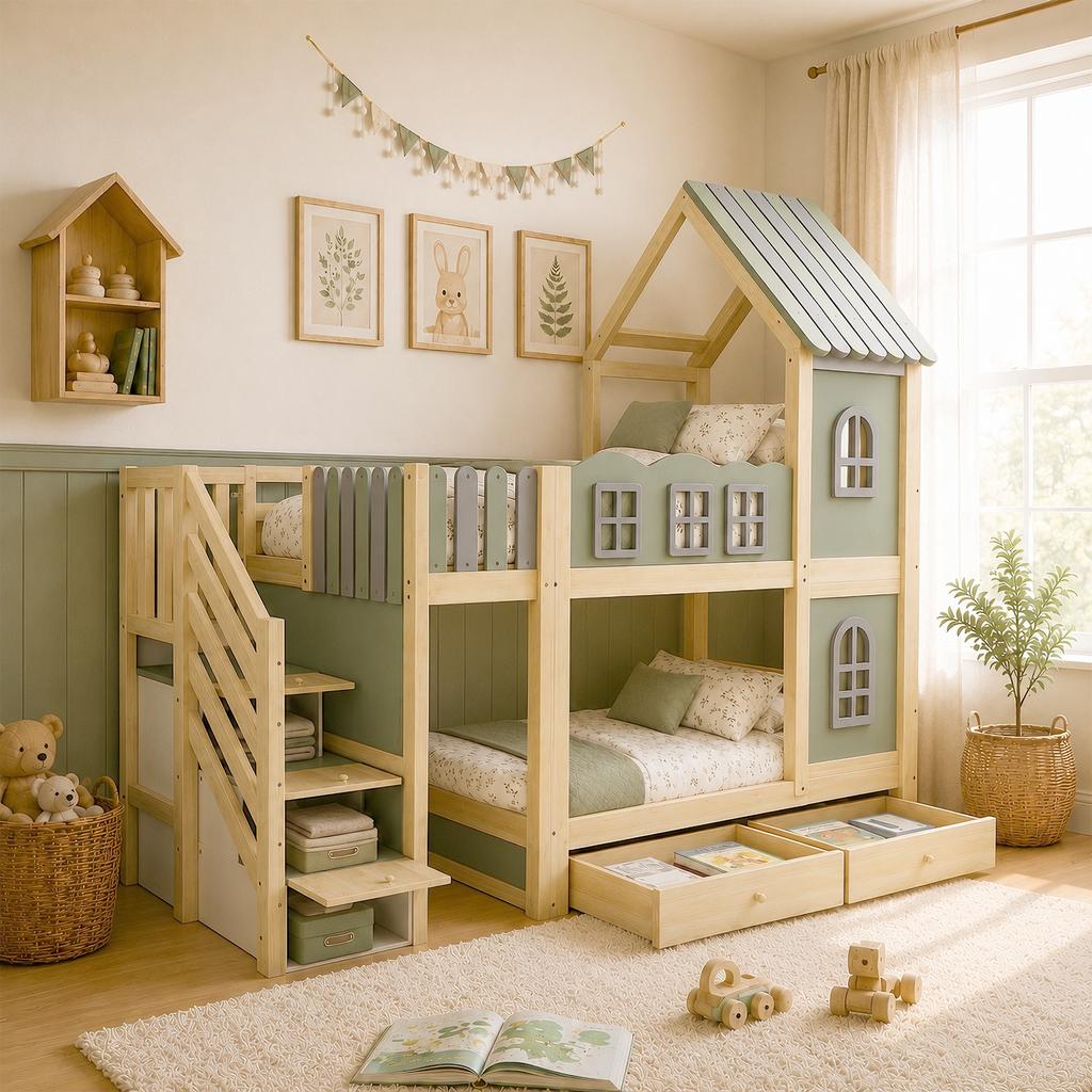 Kinderhochbett 90 x 200 cm, Wolkenförmige Bettgitter, Dach mit Fenstern, Stauraumleiter, Regale, Schubladen, Doppelbett aus Holz für Jungen, Mädchen, Grün