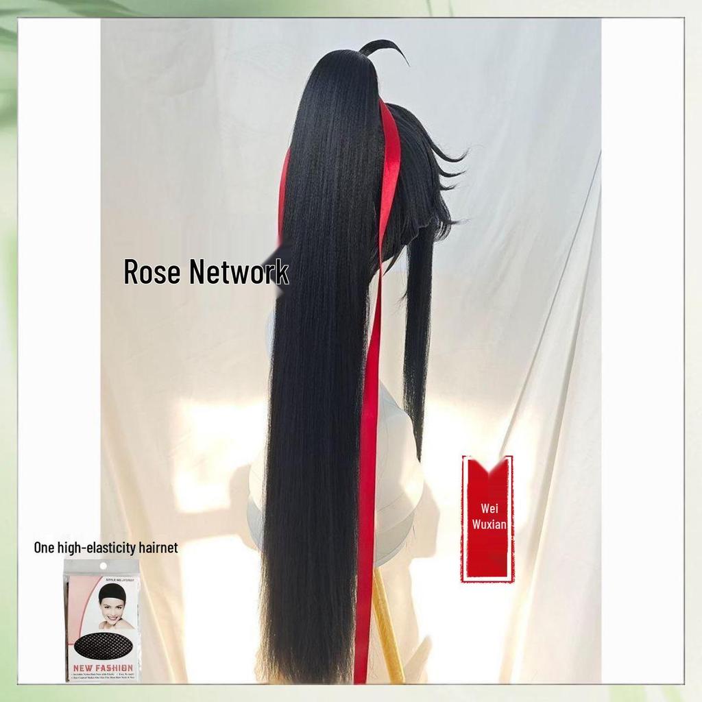 Wei Wuxian Cosplay Wig: Breathable Rose Net, Red Ribbon High Ponytail, Ancient Style