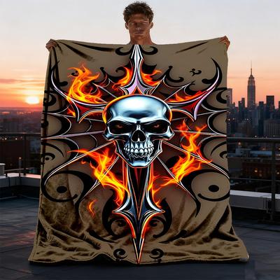 1pc Gothic Skull Design Print Outdoor Blanket, Lightweight Polyester,
