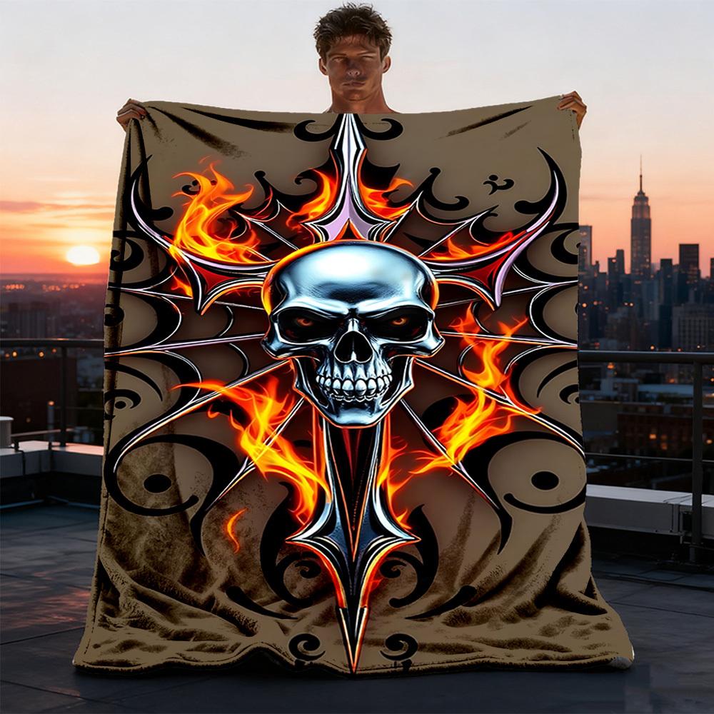 1pc Gothic Skull Design Print Outdoor Blanket, Lightweight Polyester,