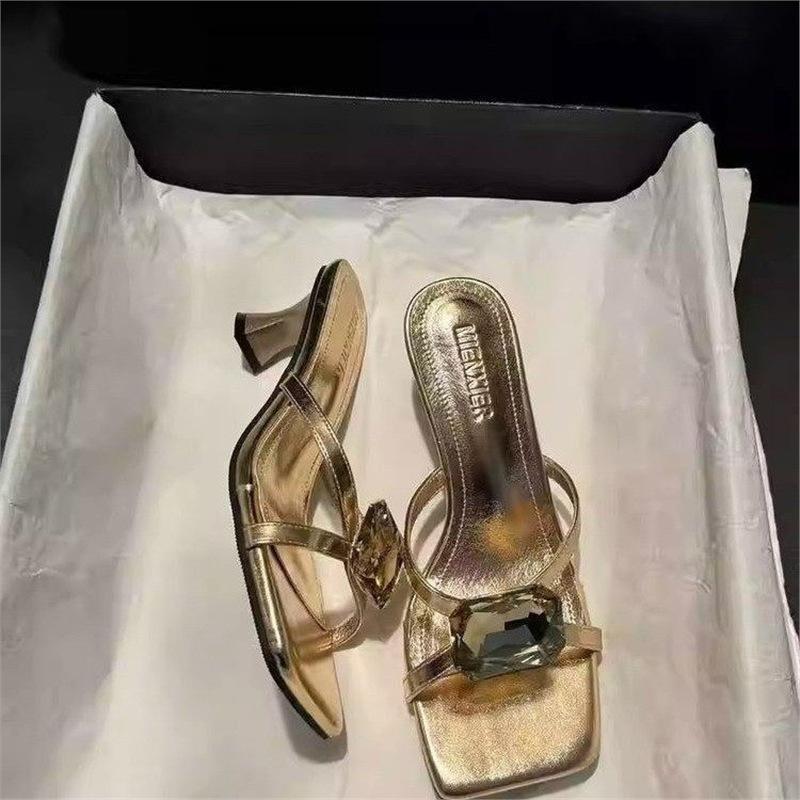 French high-end rhinestone cool slippers women's summer new wear square head exquisite temperament silver high heels sandals