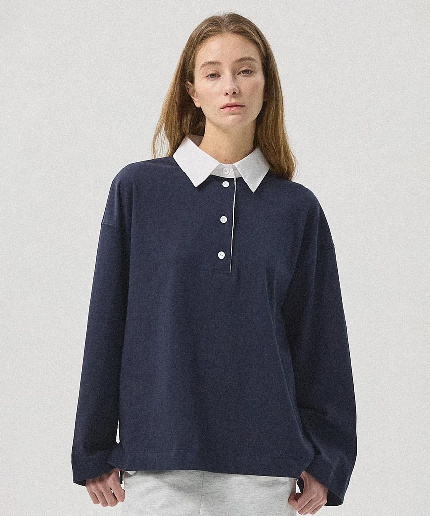 Aheule Airo Soft Cotton Oversized Rugby T-Shirt_Navy