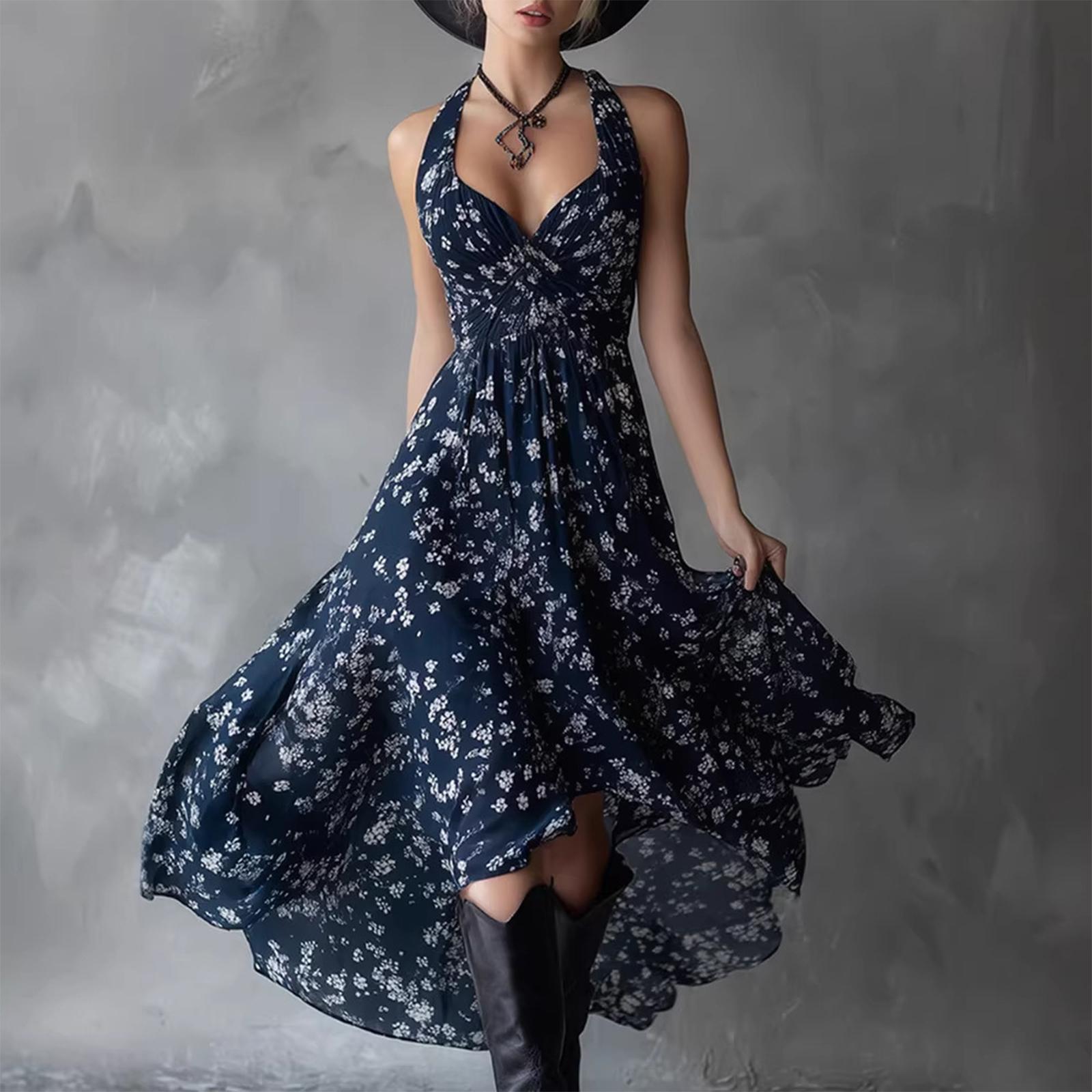 Ladies  Casual And Fashionable V-neck Floral Print Dress L