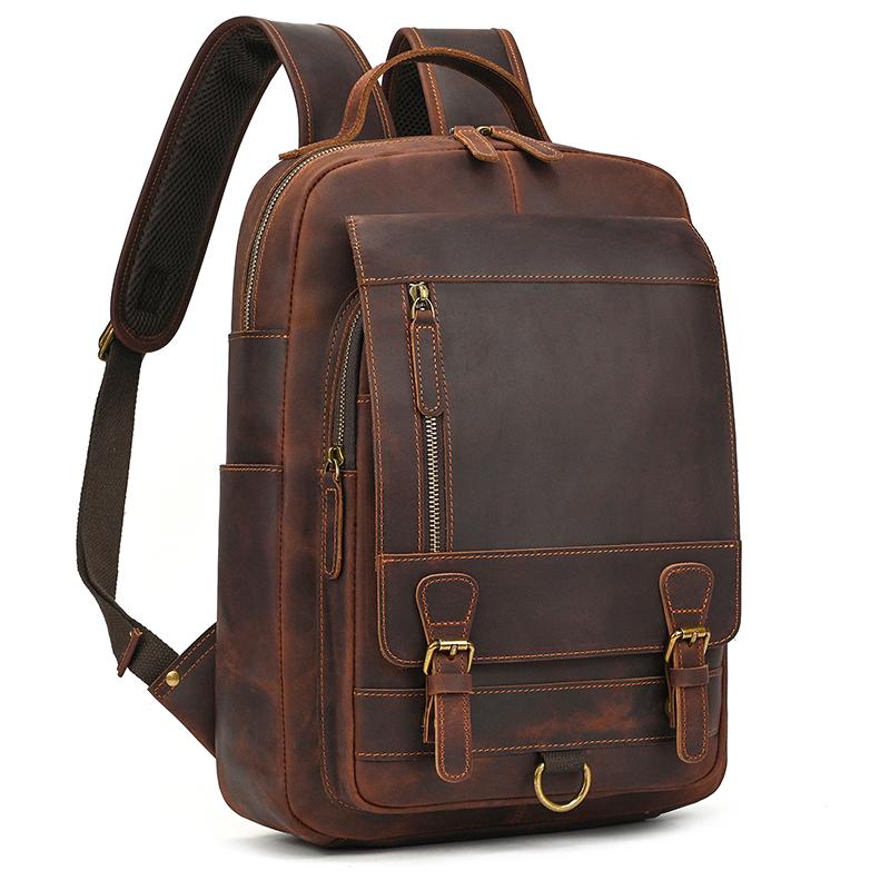 Crazy Horse Leather Men's Leather Backpack Bag Genuine Leather Computer Laptop Bags Men Male Travel Backpack Thick Cowhide Bag
