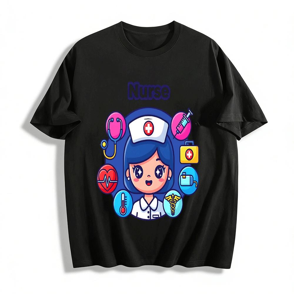 Cute Nurse Themed Print Casual Top Medical Element Fun Versatile T-Shirt Pure cotton T-shirt XXS