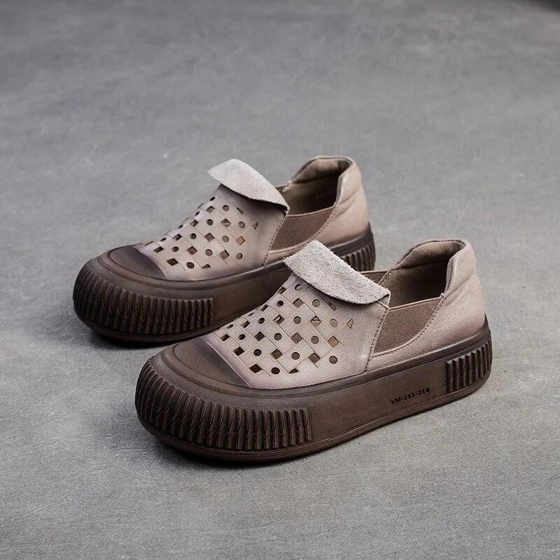 Johnature Simple Breathable Hollow-out Shoes Retro Genuine Leather Thick Sole Women's Flat Platform Shoes
