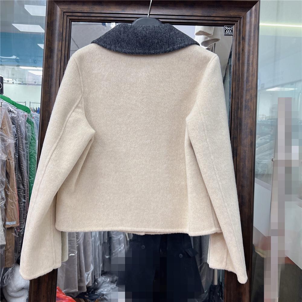 2023 Petite Women's Korean Style Double-Sided Cashmere Wool Coat with Color Block Collar