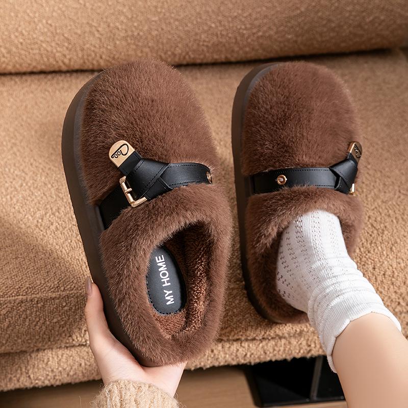 Women's Fluffy Plush Cotton Slippers - Fashionable Buckle, Anti-Slip, Super Warm, Non-Shedding, Thick Sole, Furry Autumn/Winter Style.