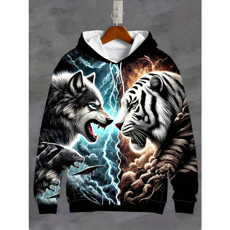 Vintage Men's Hooded Hoodies 3D Printed Battle Animal Pattern Sweatshirt Drawstring Sport Long Sleeve Tops Casual Men's Clothing