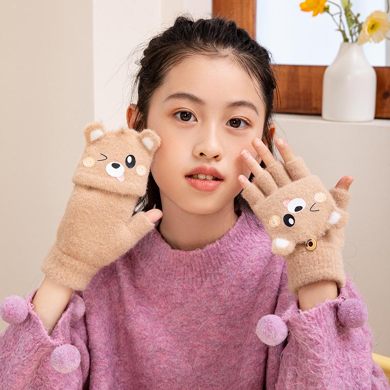 1 Pair Kids Flip Mittens with Finger Caps Winter Warm Gloves with Cartoon Print Breathable Five-Finger Design for Boys Girls