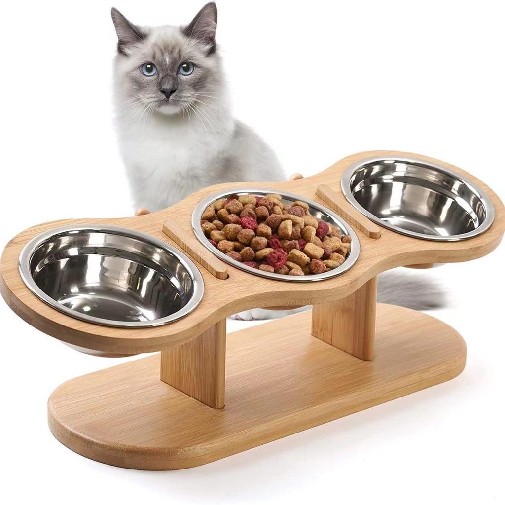 Wooden Pet Bowl Rack Anti Knock Pet Food Bowl with 3 Stainless Steel Bowls Adjustable and Detachable Suitable for Cats and Dogs